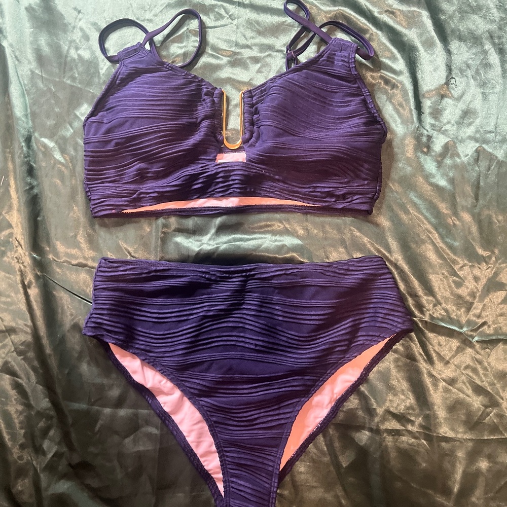 Deep Blue High Waisted Textured Bikini Swim Suit - Picture 3 of 6